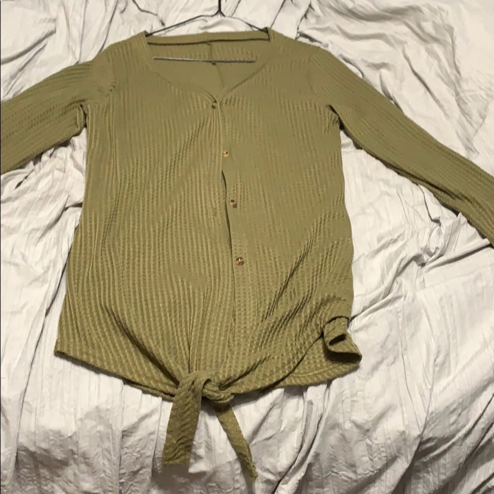 Olive green long sleeve shirt with tie at bottom